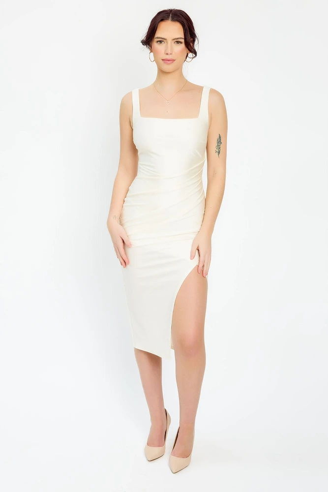 Satin Square-Neck Midi Dress with Side Slit