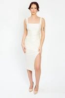 Satin Square-Neck Midi Dress with Side Slit