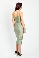Satin Square-Neck Midi Dress with Side Slit