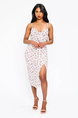 Ditsy Spaghetti Strap Knotted V-Neck Midi Dress with Side Slit