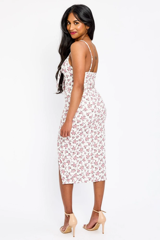 Ditsy Spaghetti Strap Knotted V-Neck Midi Dress with Side Slit