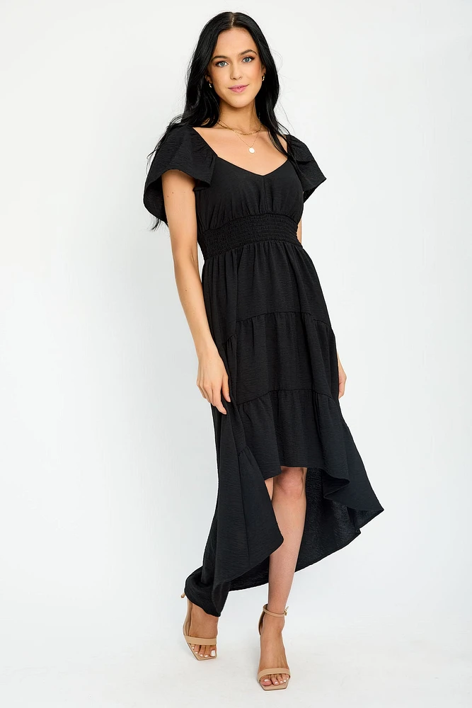 Flutter Sleeve High-Low Tiered Maxi Dress