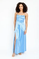 Satin Spaghetti Strap Pleated Bust Maxi Dress with Side Slit