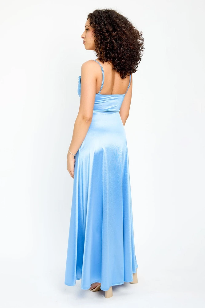 Satin Spaghetti Strap Pleated Bust Maxi Dress with Side Slit