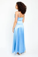 Satin Spaghetti Strap Pleated Bust Maxi Dress with Side Slit