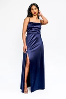 Satin Spaghetti Strap Pleated Bust Maxi Dress with Side Slit