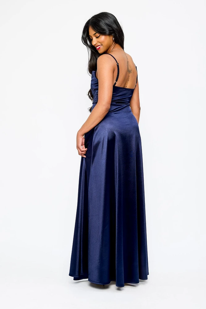 Satin Spaghetti Strap Pleated Bust Maxi Dress with Side Slit