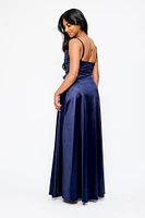 Satin Spaghetti Strap Pleated Bust Maxi Dress with Side Slit