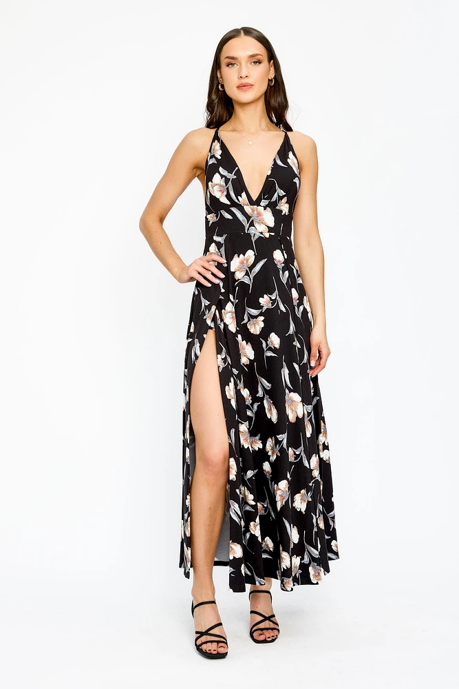 Floral Spaghetti Strap V-Neck Maxi Dress with Side Slits