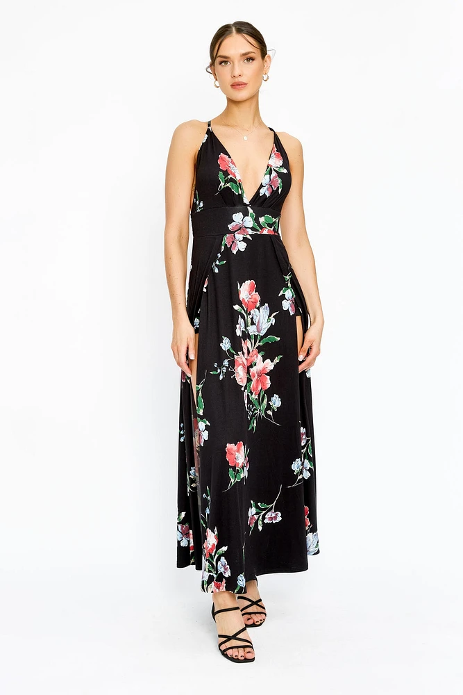 Floral Maxi Dress with Side Slits and Shorts