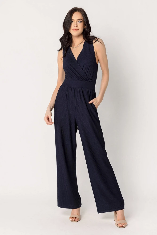 Textured Sleeveless Crossover Jumpsuit