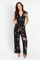 Floral Flutter Sleeve Crossover Jumpsuit with Tie-Belt