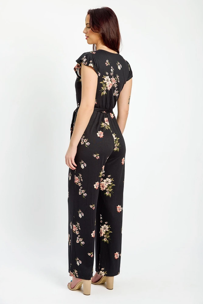 Floral Flutter Sleeve Crossover Jumpsuit with Tie-Belt