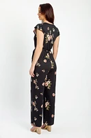 Floral Flutter Sleeve Crossover Jumpsuit with Tie-Belt