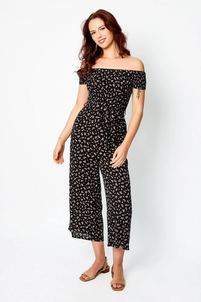 Ditsy Smocked Off-The-Shoulder Jumpsuit with Tie-Belt
