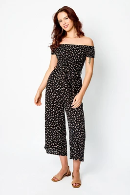 Ditsy Smocked Off-The-Shoulder Jumpsuit with Tie-Belt