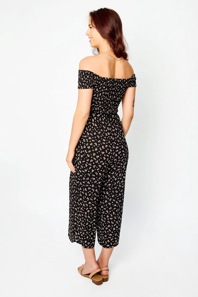Ditsy Smocked Off-The-Shoulder Jumpsuit with Tie-Belt