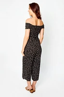 Ditsy Smocked Off-The-Shoulder Jumpsuit with Tie-Belt