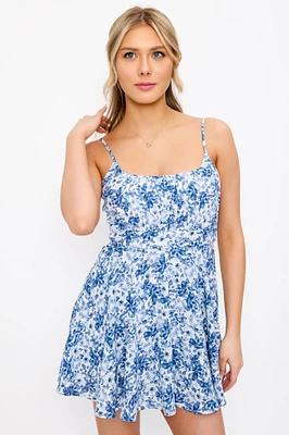 Ditsy Spaghetti Strap Scoop-Neck Romper with Tie-Back