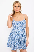 Ditsy Spaghetti Strap Scoop-Neck Romper with Tie-Back