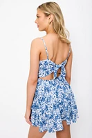 Ditsy Spaghetti Strap Scoop-Neck Romper with Tie-Back