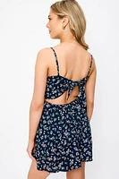 Floral Spaghetti Strap Scoop-Neck Romper with Tie-Back