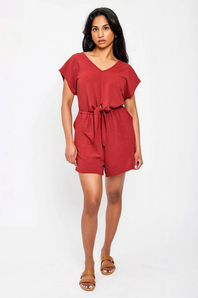 Dolman-Sleeve V-Neck Romper with Tie-Front Detail