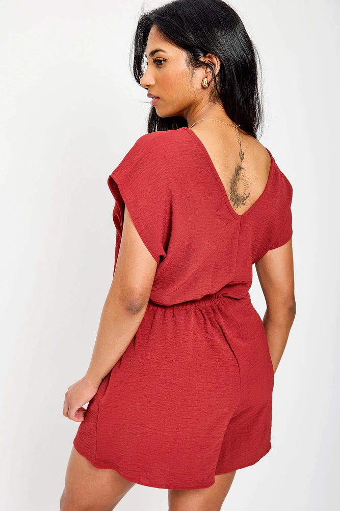 Dolman-Sleeve V-Neck Romper with Tie-Front Detail