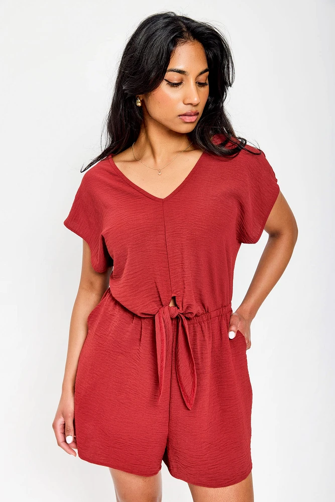 Dolman-Sleeve V-Neck Romper with Tie-Front Detail