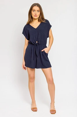 Dolman-Sleeve V-Neck Romper with Tie-Front Detail