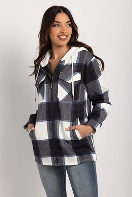 Plaid Fleece Zip-Front Hooded Shirt