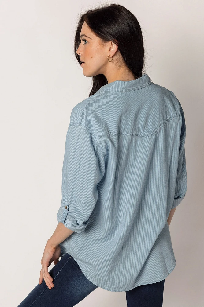Pinstripe Denim Shirt with Roll-Up Sleeves