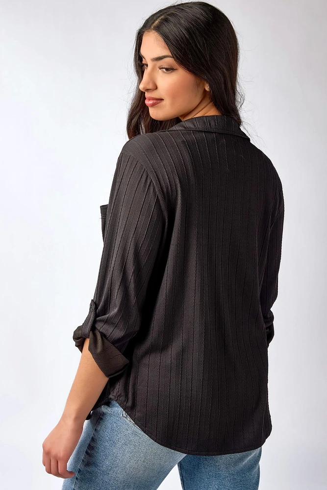 Relaxed Fit Textured Roll Tab-Sleeve Shirt