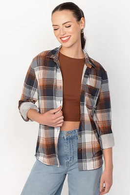 Navy & Orange Plaid Roll Tab-Sleeve Shirt