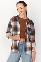 Navy & Orange Plaid Roll Tab-Sleeve Shirt