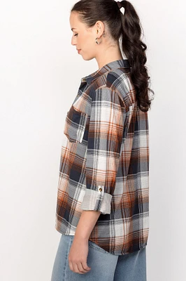 Navy & Orange Plaid Roll Tab-Sleeve Shirt