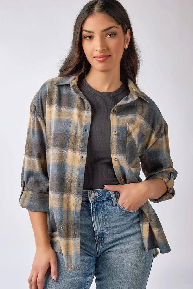 Plaid Flannel Shirt with Roll-Up Sleeves