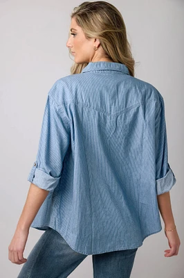 Denim Pinstripe Shirt with Roll-Up Sleeves