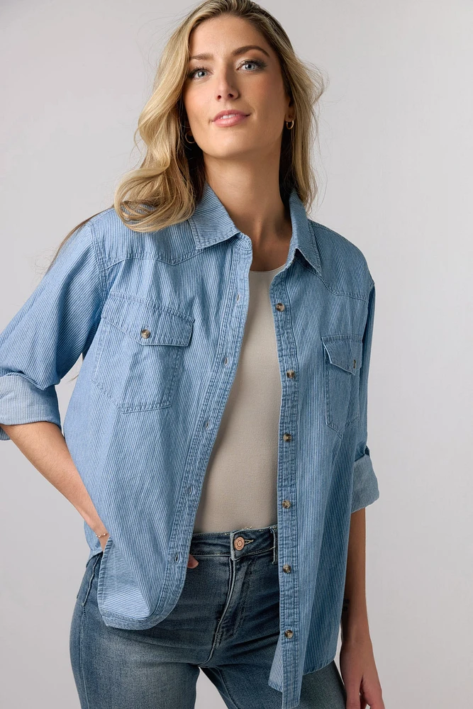 Denim Pinstripe Shirt with Roll-Up Sleeves