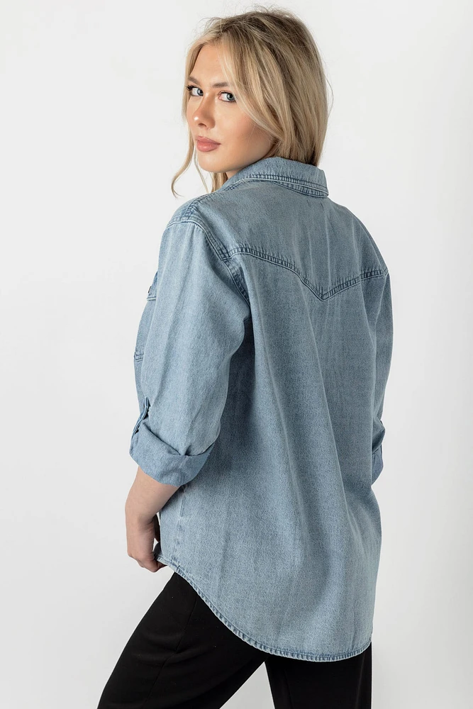 Medium Acid Wash Denim Long-Sleeve Button-Up Shirt
