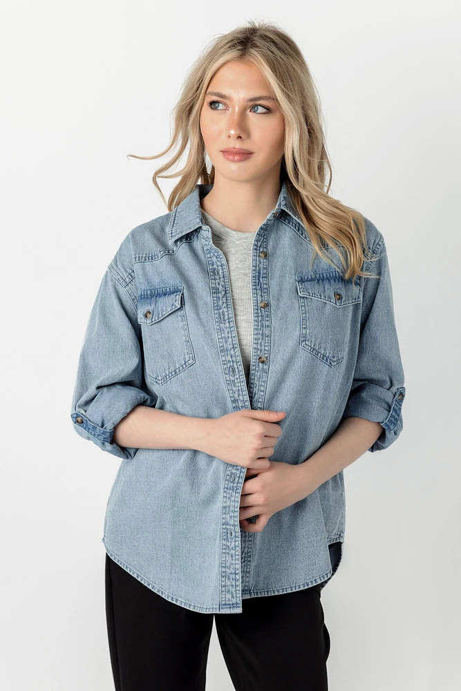 Medium Acid Wash Denim Long-Sleeve Button-Up Shirt