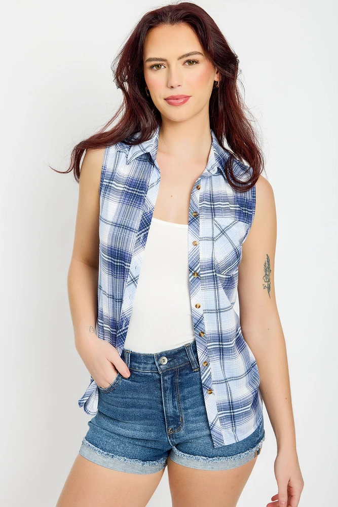 Plaid Knit Sleeveless Button-Up Shirt