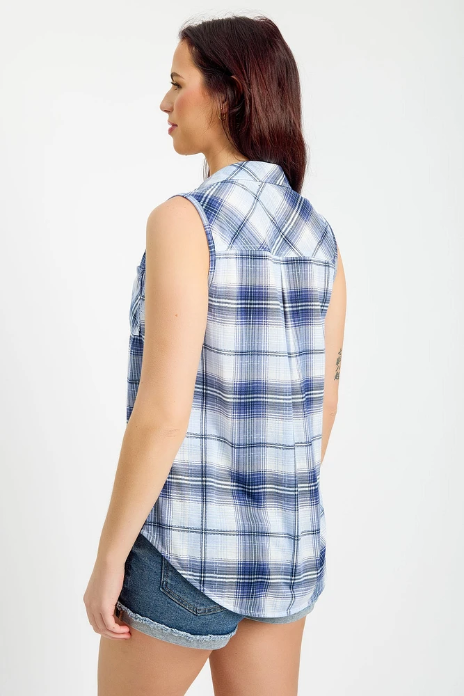 Plaid Knit Sleeveless Button-Up Shirt