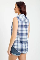 Plaid Knit Sleeveless Button-Up Shirt