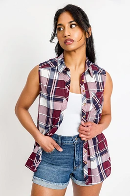 Plaid Sleeveless Button-Up Shirt