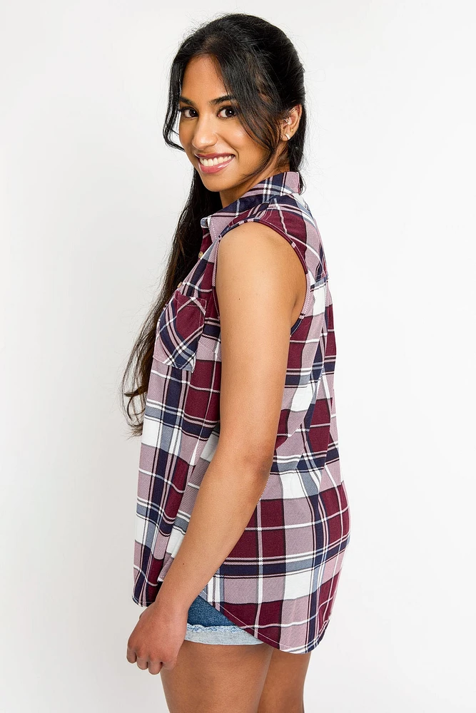 Plaid Sleeveless Button-Up Shirt