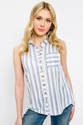 Stripe Knit Sleeveless Button-Up Shirt