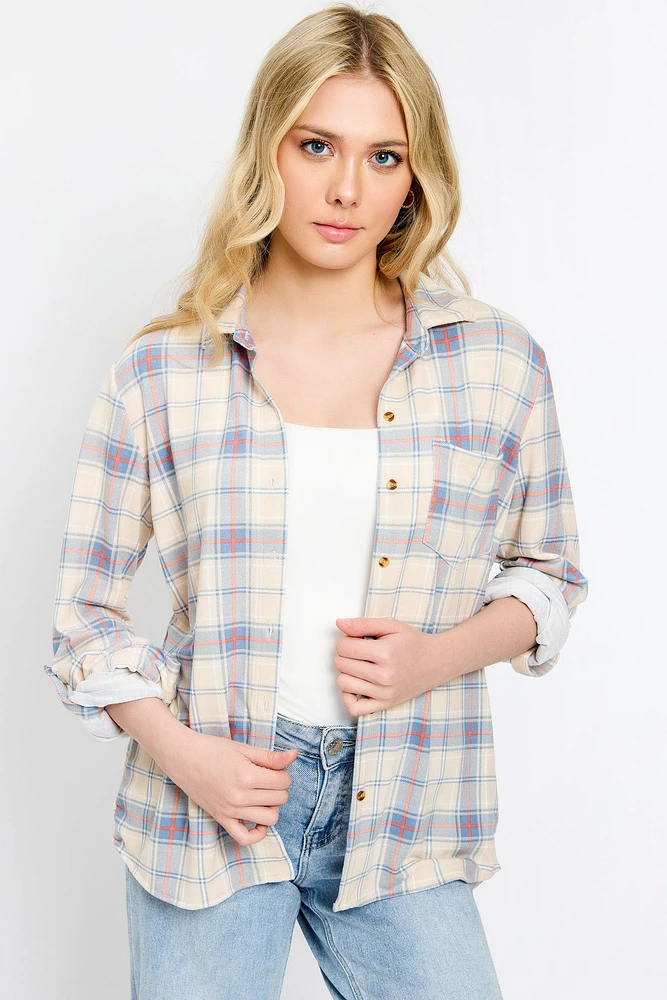 Plaid Long-Sleeve Shirt with Chest Pocket