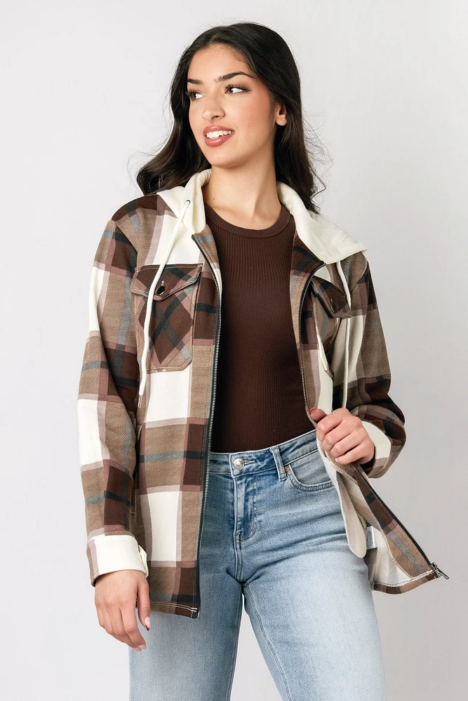 Plaid Fleece Zip-Front Hooded Shirt