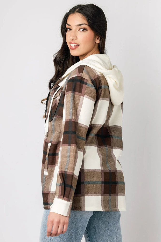 Plaid Fleece Zip-Front Hooded Shirt